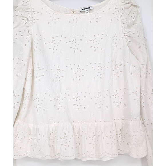 Express White Eyelet Floral Peplum Ruffle Puff Sleeve Cottage Coquette Blouse LG - Picture 3 of 10